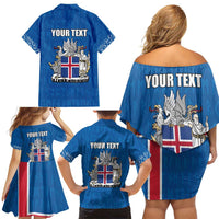 Personalized Iceland Coat of Arms Family Matching Off Shoulder Short Dress and Hawaiian Shirt Runic Alphabet Viking Runes Pattern
