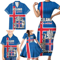 Personalized Iceland Coat of Arms Family Matching Short Sleeve Bodycon Dress and Hawaiian Shirt Runic Alphabet Viking Runes Pattern