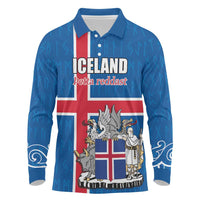 Personalized Iceland Coat of Arms Long Sleeve Polo Shirt Runic Alphabet Viking Runes Pattern