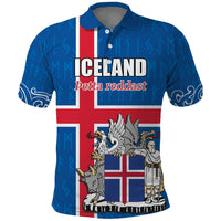 Personalized Iceland Coat of Arms Polo Shirt Runic Alphabet Viking Runes Pattern