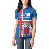 Personalized Iceland Coat of Arms Women Polo Shirt Runic Alphabet Viking Runes Pattern