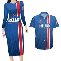 Custom Iceland Football Couples Matching Long Sleeve Bodycon Dress and Hawaiian Shirt Blue with Flag Style