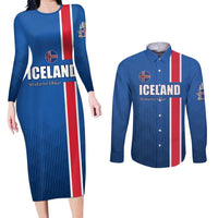 Custom Iceland Football Couples Matching Long Sleeve Bodycon Dress and Long Sleeve Button Shirt Blue with Flag Style