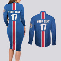 Custom Iceland Football Couples Matching Long Sleeve Bodycon Dress and Long Sleeve Button Shirt Blue with Flag Style