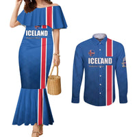 Custom Iceland Football Couples Matching Mermaid Dress and Long Sleeve Button Shirt Blue with Flag Style