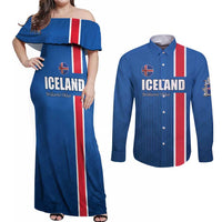 Custom Iceland Football Couples Matching Off Shoulder Maxi Dress and Long Sleeve Button Shirt Blue with Flag Style