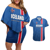 Custom Iceland Football Couples Matching Off Shoulder Short Dress and Hawaiian Shirt Blue with Flag Style