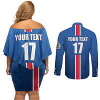 Custom Iceland Football Couples Matching Off Shoulder Short Dress and Long Sleeve Button Shirt Blue with Flag Style