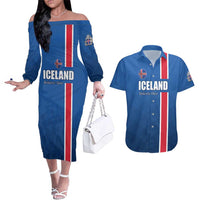 Custom Iceland Football Couples Matching Off The Shoulder Long Sleeve Dress and Hawaiian Shirt Blue with Flag Style