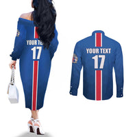 Custom Iceland Football Couples Matching Off The Shoulder Long Sleeve Dress and Long Sleeve Button Shirt Blue with Flag Style