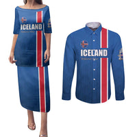 Custom Iceland Football Couples Matching Puletasi and Long Sleeve Button Shirt Blue with Flag Style