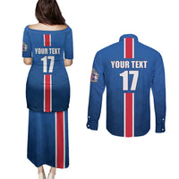Custom Iceland Football Couples Matching Puletasi and Long Sleeve Button Shirt Blue with Flag Style