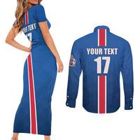 Custom Iceland Football Couples Matching Short Sleeve Bodycon Dress and Long Sleeve Button Shirt Blue with Flag Style