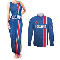 Custom Iceland Football Couples Matching Tank Maxi Dress and Long Sleeve Button Shirt Blue with Flag Style
