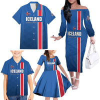 Custom Iceland Football Family Matching Off The Shoulder Long Sleeve Dress and Hawaiian Shirt Blue with Flag Style