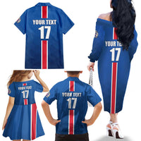 Custom Iceland Football Family Matching Off The Shoulder Long Sleeve Dress and Hawaiian Shirt Blue with Flag Style