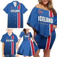 Custom Iceland Football Family Matching Off Shoulder Short Dress and Hawaiian Shirt Blue with Flag Style