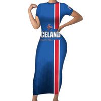 Custom Iceland Football Short Sleeve Bodycon Dress Blue with Flag Style