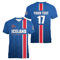 Custom Iceland Football Women V-Neck T-Shirt Blue with Flag Style