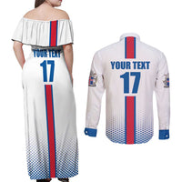 Custom Iceland Football Couples Matching Off Shoulder Maxi Dress and Long Sleeve Button Shirt White with Flag Style