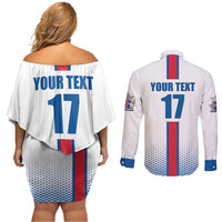 Custom Iceland Football Couples Matching Off Shoulder Short Dress and Long Sleeve Button Shirt White with Flag Style