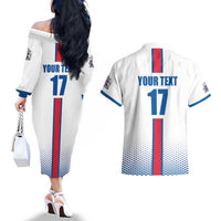 Custom Iceland Football Couples Matching Off The Shoulder Long Sleeve Dress and Hawaiian Shirt White with Flag Style