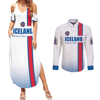Custom Iceland Football Couples Matching Summer Maxi Dress and Long Sleeve Button Shirt White with Flag Style