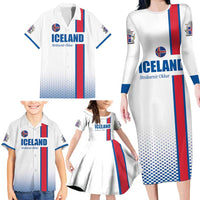 Custom Iceland Football Family Matching Long Sleeve Bodycon Dress and Hawaiian Shirt White with Flag Style
