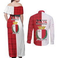 Malta Independence Day Couples Matching Off Shoulder Maxi Dress and Long Sleeve Button Shirt Flag Style with Coat of Arms