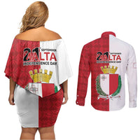 Malta Independence Day Couples Matching Off Shoulder Short Dress and Long Sleeve Button Shirt Flag Style with Coat of Arms
