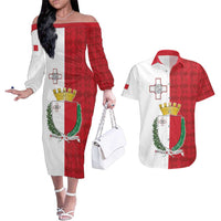 Malta Independence Day Couples Matching Off The Shoulder Long Sleeve Dress and Hawaiian Shirt Flag Style with Coat of Arms