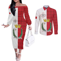 Malta Independence Day Couples Matching Off The Shoulder Long Sleeve Dress and Long Sleeve Button Shirt Flag Style with Coat of Arms