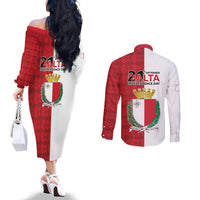 Malta Independence Day Couples Matching Off The Shoulder Long Sleeve Dress and Long Sleeve Button Shirt Flag Style with Coat of Arms