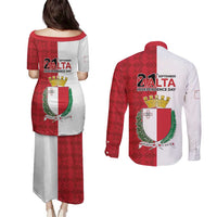 Malta Independence Day Couples Matching Puletasi and Long Sleeve Button Shirt Flag Style with Coat of Arms