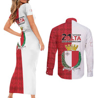 Malta Independence Day Couples Matching Short Sleeve Bodycon Dress and Long Sleeve Button Shirt Flag Style with Coat of Arms