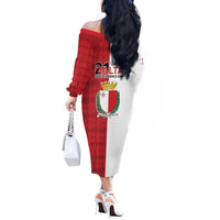 Malta Independence Day Off The Shoulder Long Sleeve Dress Flag Style with Coat of Arms