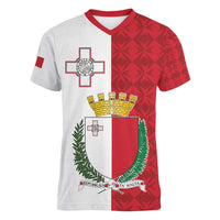 Malta Independence Day Women V-Neck T-Shirt Flag Style with Coat of Arms