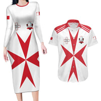 Custom Malta Rugby Couples Matching Long Sleeve Bodycon Dress and Hawaiian Shirt Maltese Cross