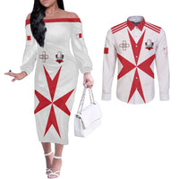 Custom Malta Rugby Couples Matching Off The Shoulder Long Sleeve Dress and Long Sleeve Button Shirt Maltese Cross