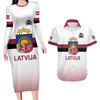 Custom Latvia Ice Hockey Champions Couples Matching Long Sleeve Bodycon Dress and Hawaiian Shirt Come on Latvija White style