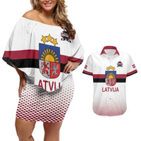 Custom Latvia Ice Hockey Champions Couples Matching Off Shoulder Short Dress and Hawaiian Shirt Come on Latvija White style