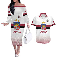 Custom Latvia Ice Hockey Champions Couples Matching Off The Shoulder Long Sleeve Dress and Hawaiian Shirt Come on Latvija White style