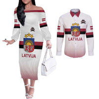 Custom Latvia Ice Hockey Champions Couples Matching Off The Shoulder Long Sleeve Dress and Long Sleeve Button Shirt Come on Latvija White style