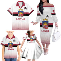 Custom Latvia Ice Hockey Champions Family Matching Off The Shoulder Long Sleeve Dress and Hawaiian Shirt Come on Latvija White style