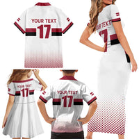 Custom Latvia Ice Hockey Champions Family Matching Short Sleeve Bodycon Dress and Hawaiian Shirt Come on Latvija White style