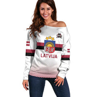 Custom Latvia Ice Hockey Champions Off Shoulder Sweater Come on Latvija White style