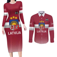 Custom Latvia Ice Hockey Champions Couples Matching Long Sleeve Bodycon Dress and Long Sleeve Button Shirt Come on Latvija Red style