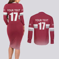 Custom Latvia Ice Hockey Champions Couples Matching Long Sleeve Bodycon Dress and Long Sleeve Button Shirt Come on Latvija Red style
