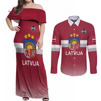 Custom Latvia Ice Hockey Champions Couples Matching Off Shoulder Maxi Dress and Long Sleeve Button Shirt Come on Latvija Red style