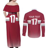 Custom Latvia Ice Hockey Champions Couples Matching Off Shoulder Maxi Dress and Long Sleeve Button Shirt Come on Latvija Red style